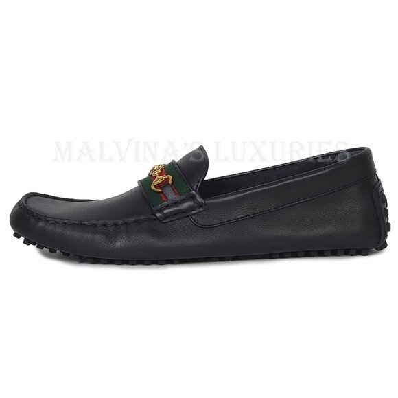 GUCCI SHOES MENS BLACK LEATHER HORSEBIT LOGO DRIVER LOAFERS w WEB sz 13 13.5 - Picture 4 of 16